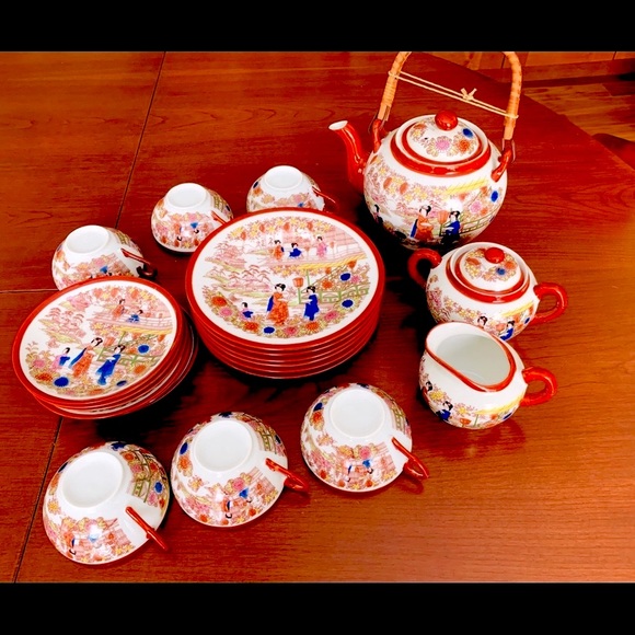 23 piece Japanese Eggshell Porcelain Tea Set cups saucers plates teapot creamer - Picture 9 of 12